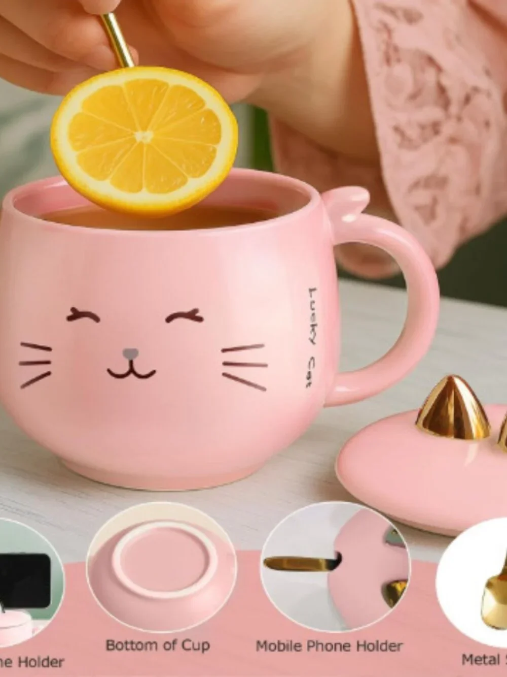 Kawaii Pink Cat Ceramic Coffee Mug with Gold Spoon & Phone Holder Lid (13.5 oz)